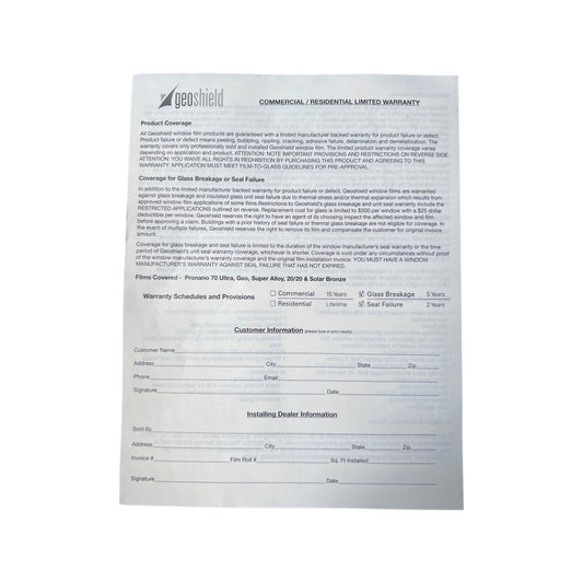 Flat Glass Warranty Form ( 10 Pack )