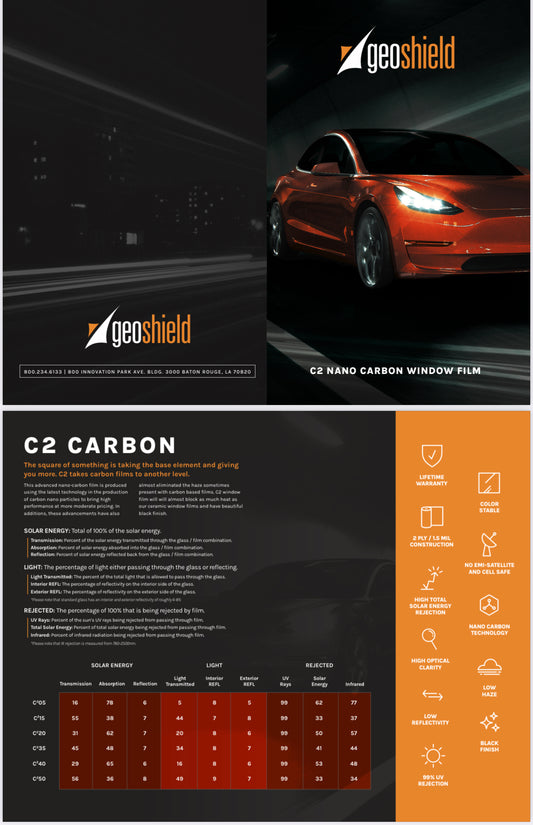 Bifold brochure showing specs for our Carbon line of film